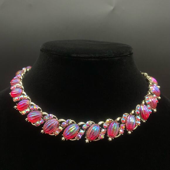 Coro Jewelry - Vintage Signed Coro Melon Red AB Aurora Borealis Iridescent Rhinestone Necklace